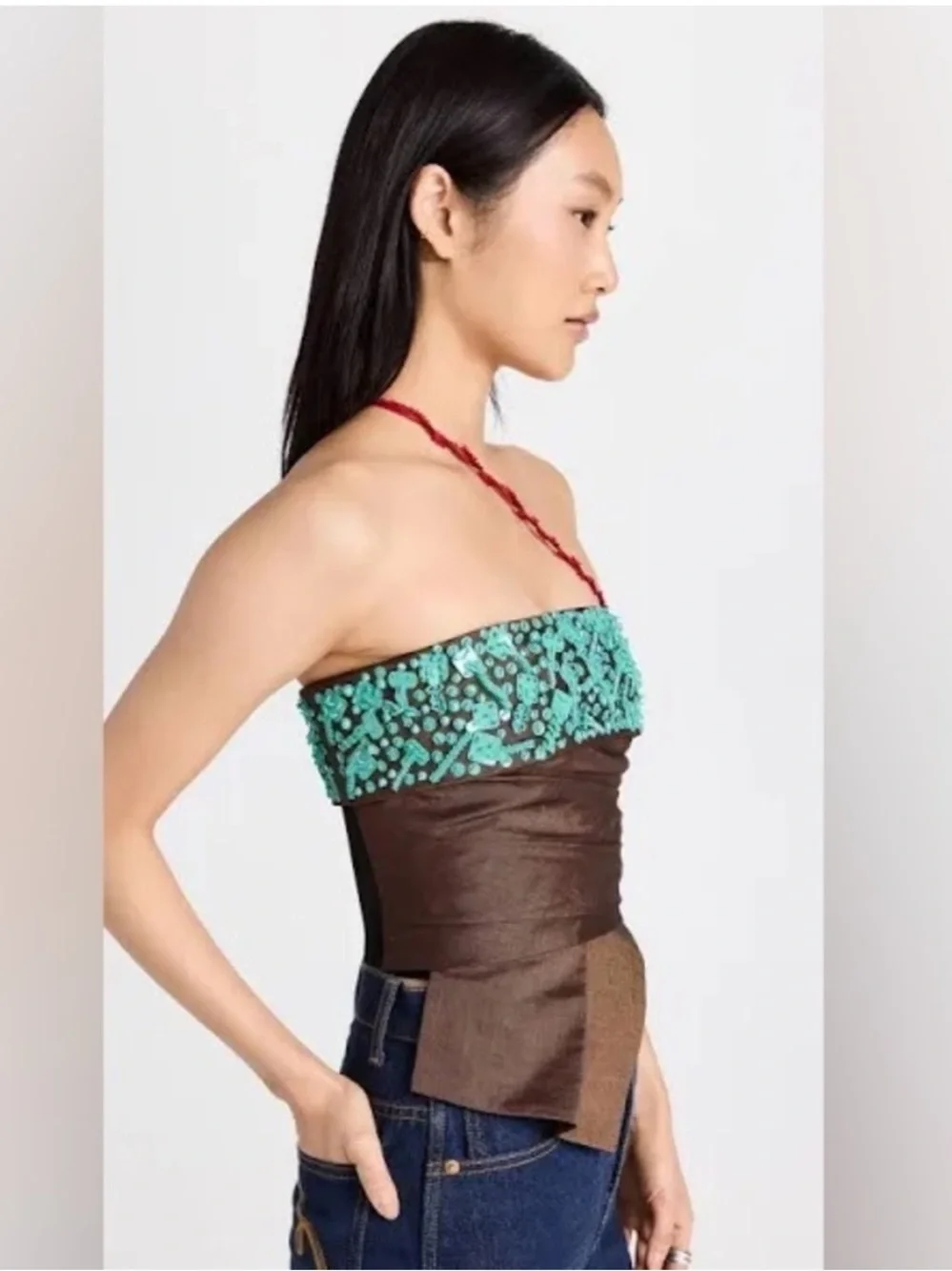 Tory Burch Lollipop Linen Beaded Strapless Bustier Top